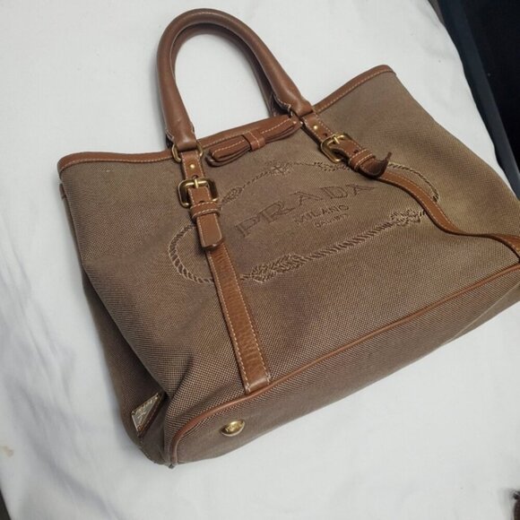 Prada Vintage Leather Canvas Shoulder Top Handle Bag - Picture 2 of 8